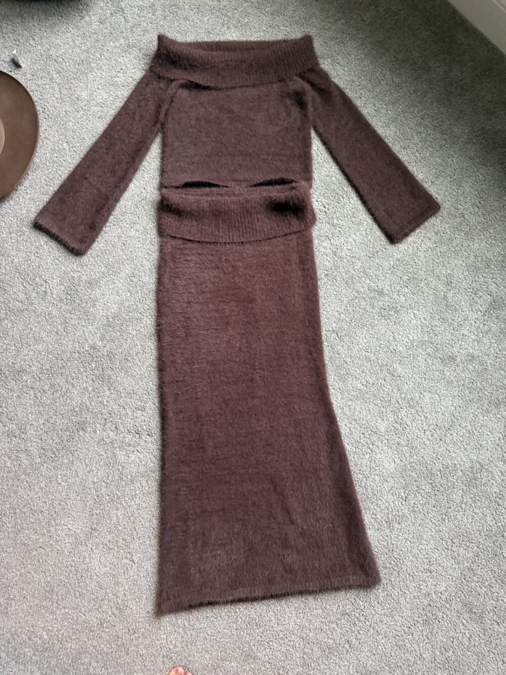 Seven Wonders Fuzzy Knit Top & Maxi Skirt 2-Piece Set Brown size S